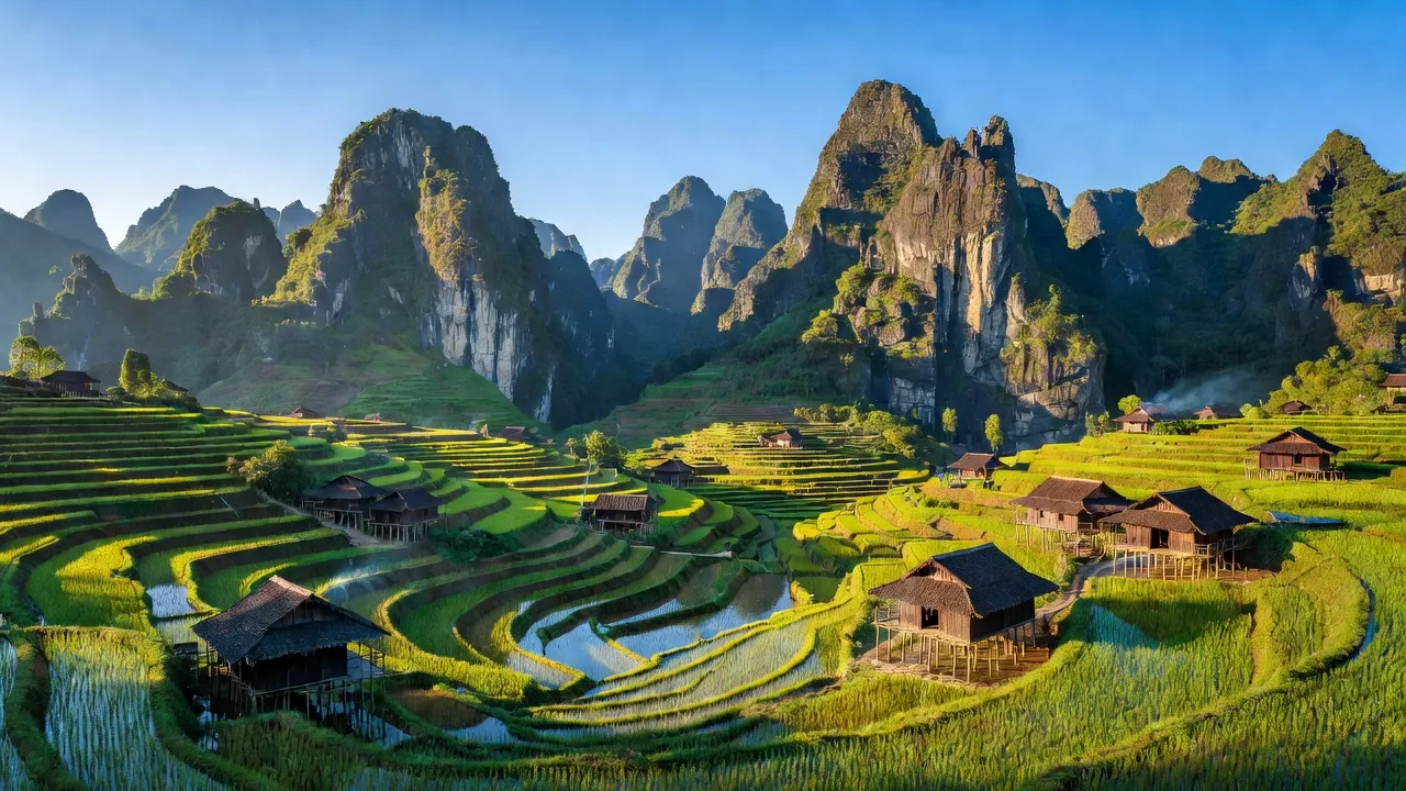 Khung cảnh làng Giàng Chu Phìn, huyện Mèo Vạc, Hà Giang với núi đá vôi và ruộng bậc thang.