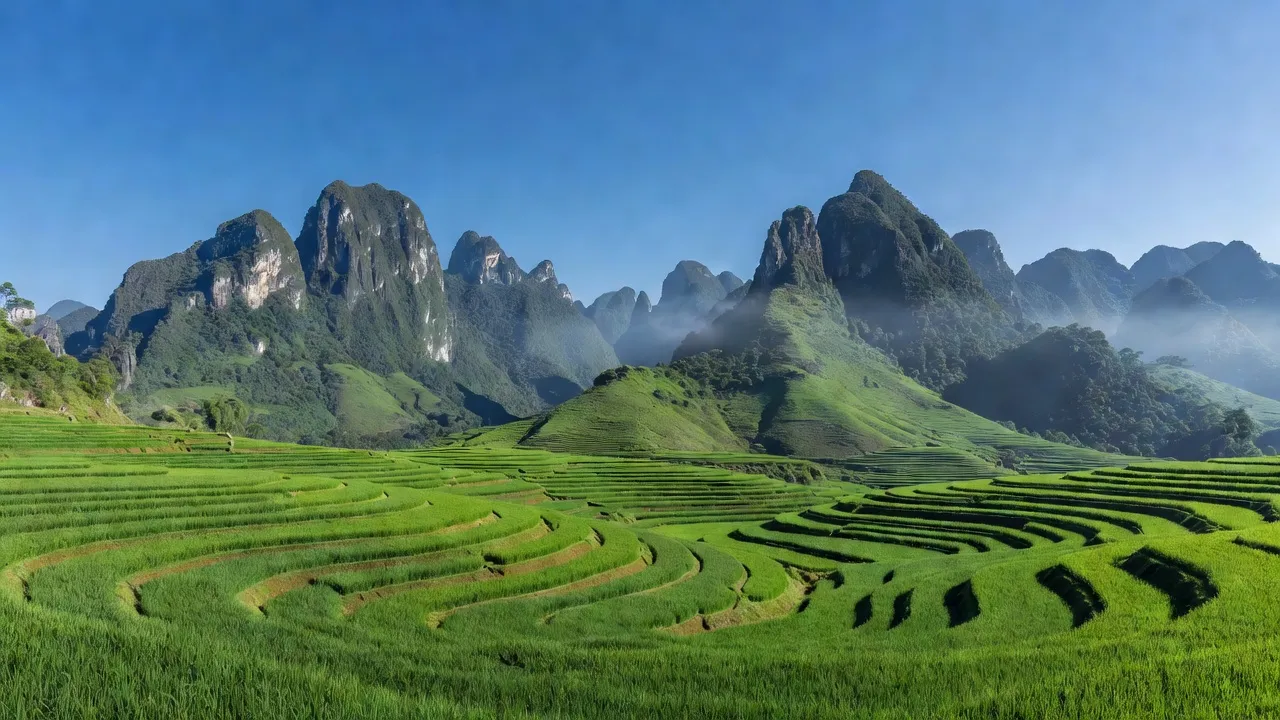 Cảnh đẹp Xã Lũng Chinh, huyện Mèo Vạc, Hà Giang, với núi đồi và cánh đồng xanh.
