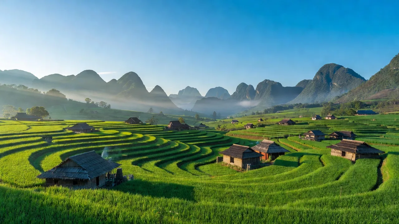 Khung cảnh bình yên ở xã Lũng Chinh, huyện Mèo Vạc, tỉnh Hà Giang với cánh đồng xanh và núi non.