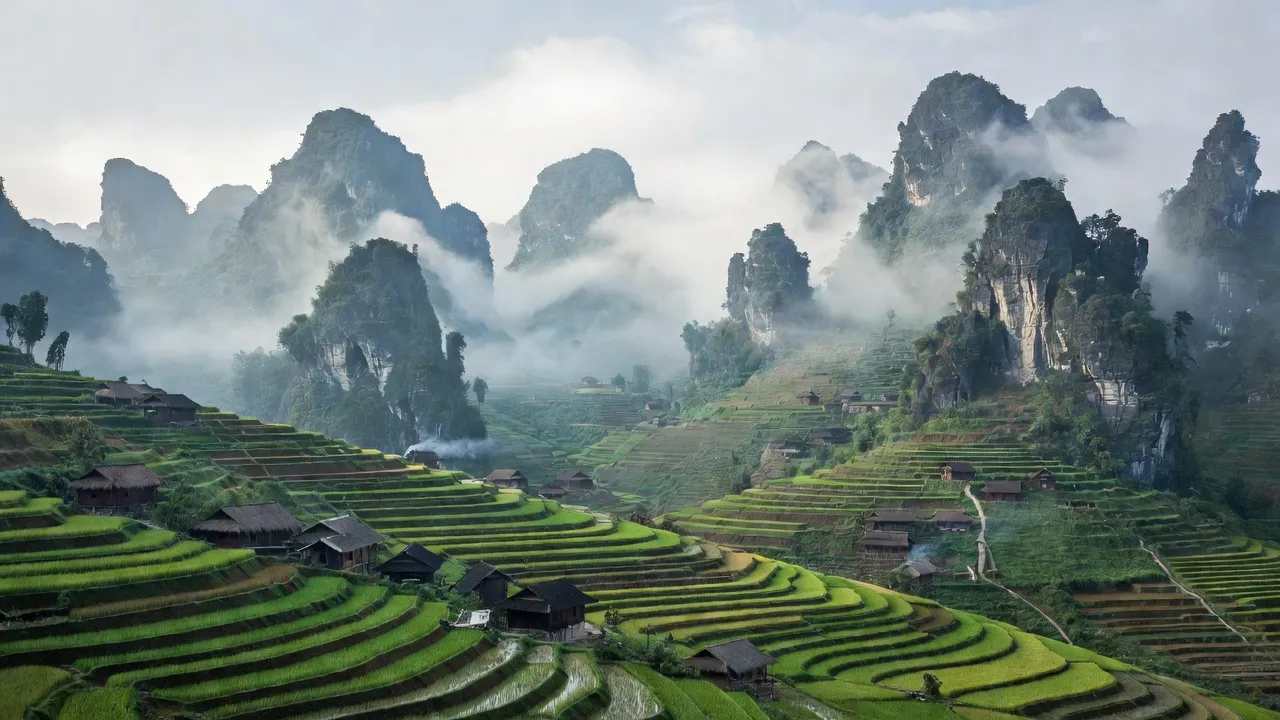 Cảnh đẹp xã Pải Lủng, huyện Mèo Vạc, tỉnh Hà Giang với núi đá vôi và nhà dân tộc Mông.