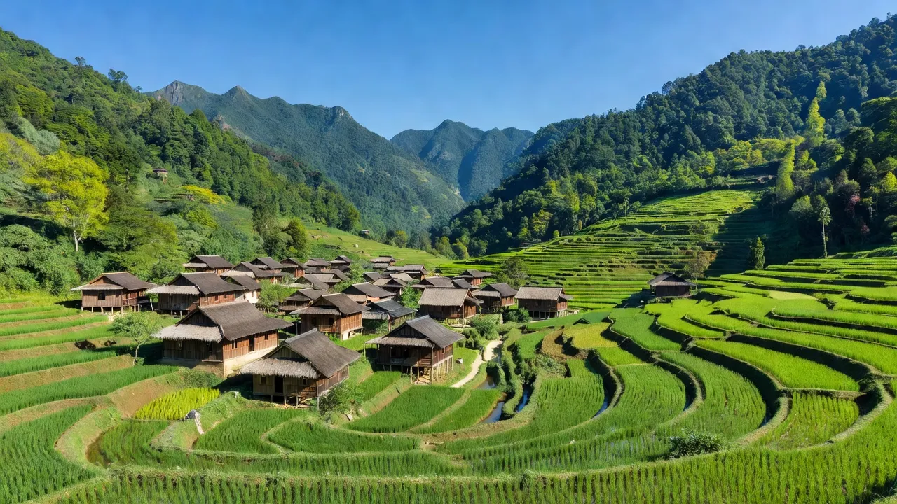 Khung cảnh làng Thượng Phùng với núi non xanh tươi và những ngôi nhà truyền thống ở Hà Giang.