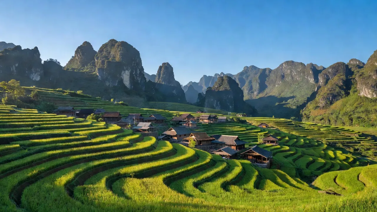 Khung cảnh Xã Thượng Phùng, Huyện Mèo Vạc, tỉnh Hà Giang với núi non hùng vĩ và cánh đồng bậc thang.