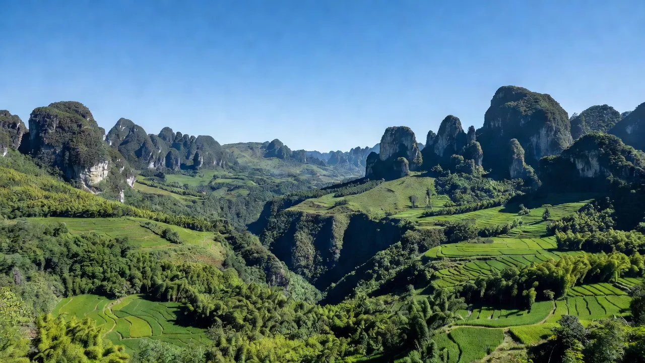 Cảnh đẹp Huyện Quản Bạ, tỉnh Hà Giang với núi cao và thung lũng xanh tươi, tự nhiên.