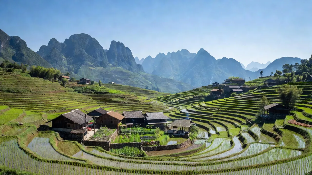 Cảnh quan Xã Cán Tỷ, huyện Quản Bạ, Hà Giang với đồng ruộng và núi non hùng vĩ.