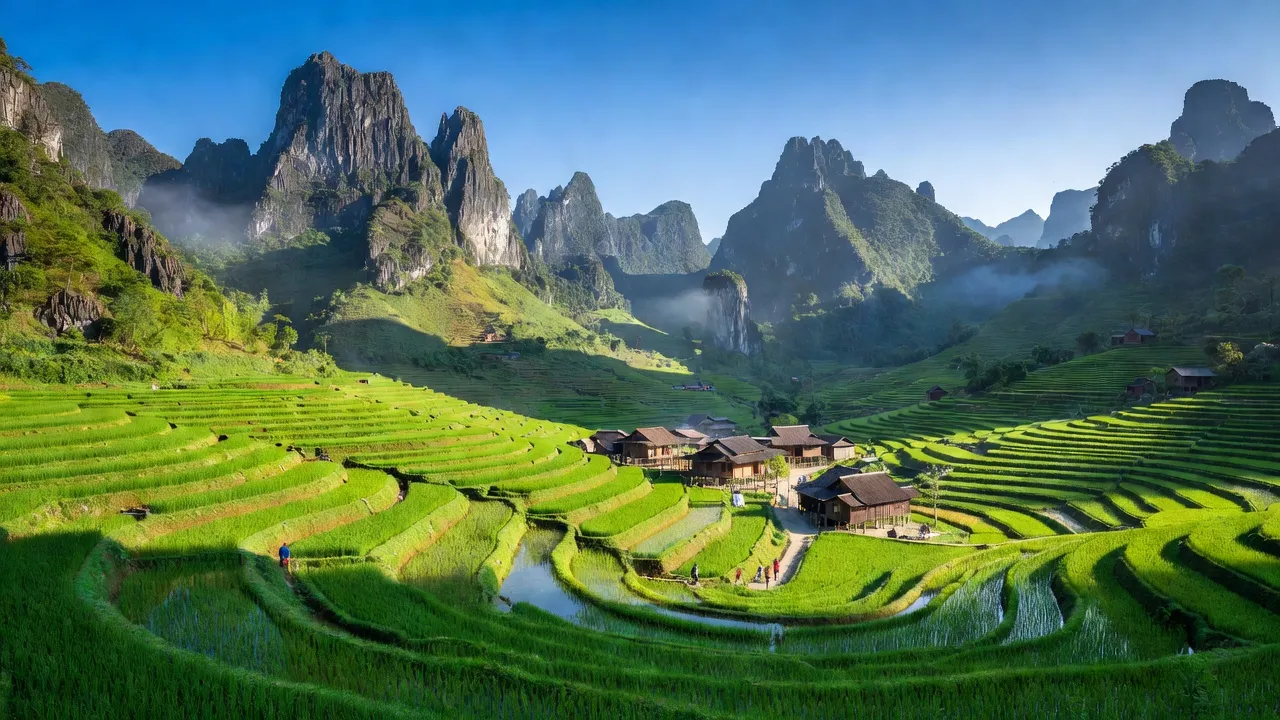 Cảnh quan xã Cao Mã Pờ, huyện Quản Bạ, tỉnh Hà Giang với núi đá vôi và ruộng bậc thang.