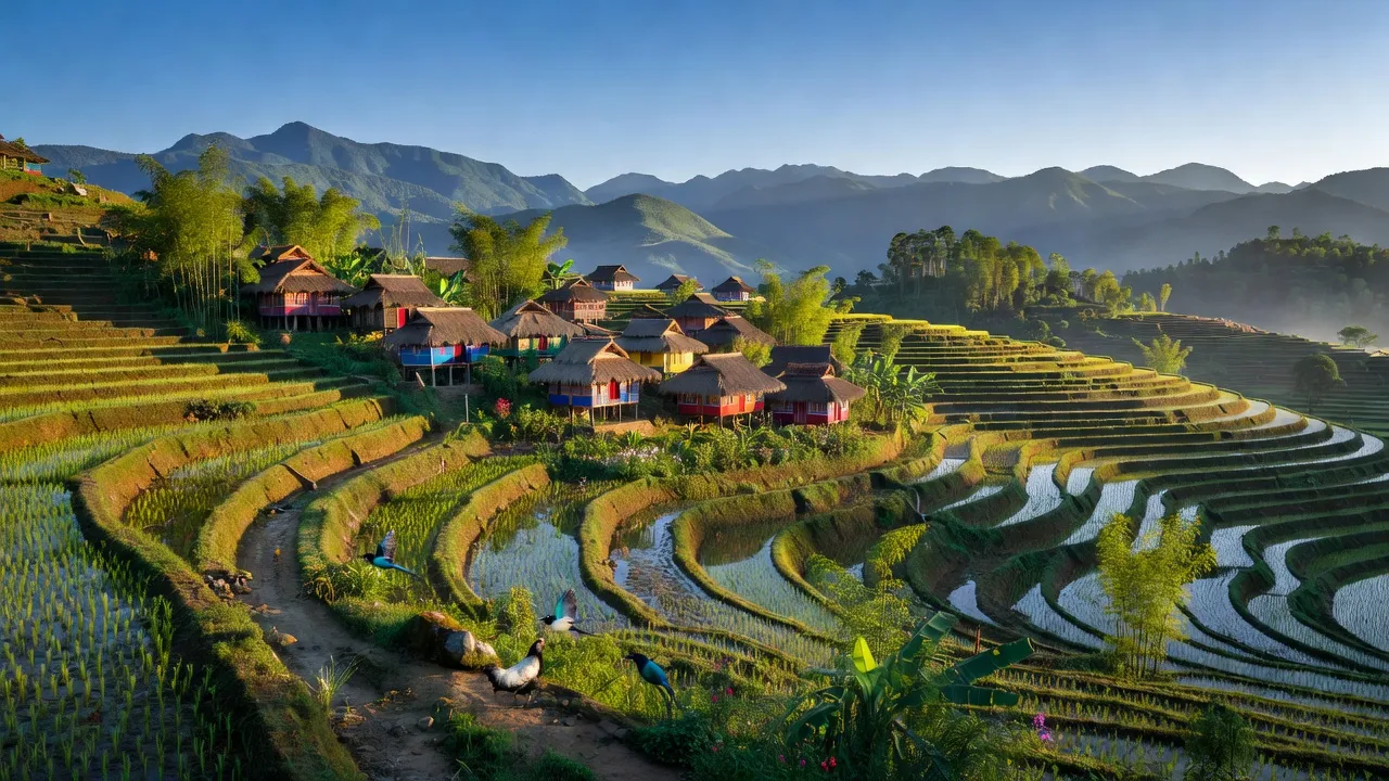 Khung cảnh tuyệt đẹp của xã Lùng Tám, huyện Quản Bạ, Hà Giang với ruộng bậc thang và núi.