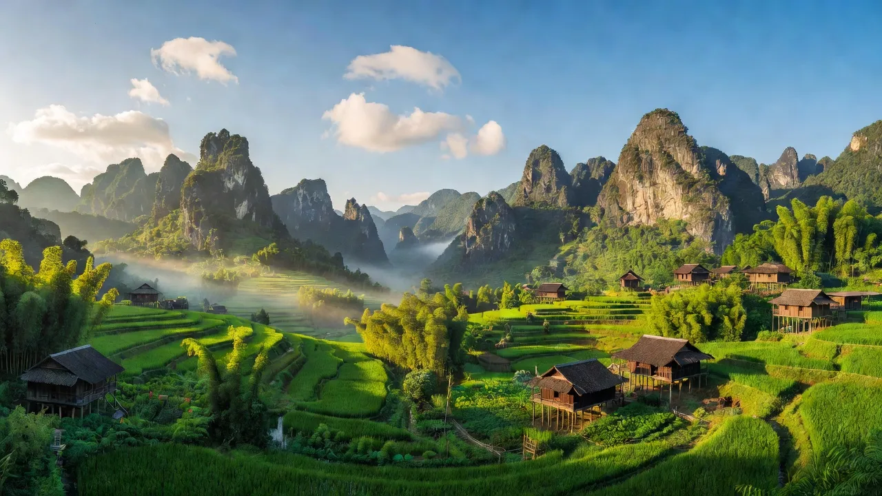 Cảnh đẹp xã Nghĩa Thuận, huyện Quản Bạ, Hà Giang với núi đá và nhà truyền thống.