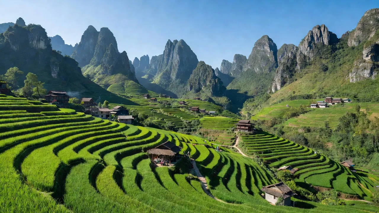 Cảnh quan đẹp của xã Nghĩa Thuận, huyện Quản Bạ, tỉnh Hà Giang với núi đá vôi, ruộng bậc thang.