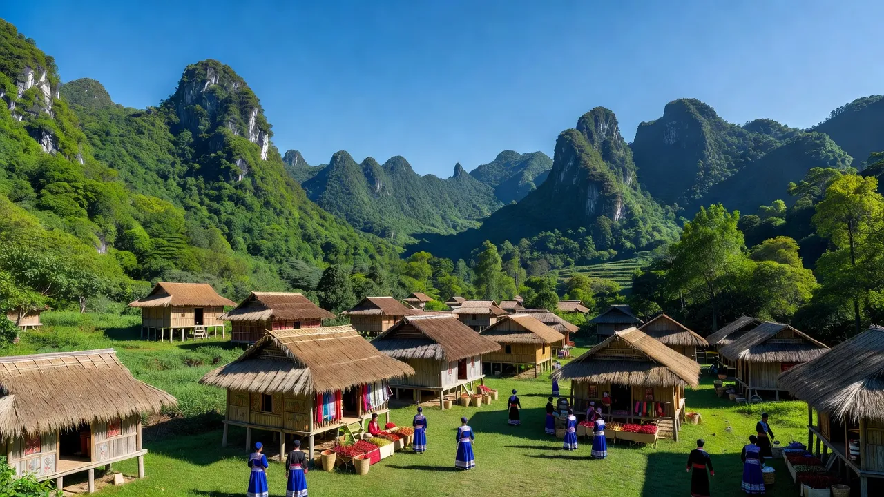 Quyết Tiến village in Quản Bạ, Hà Giang with lush mountains and traditional houses under clear skies.