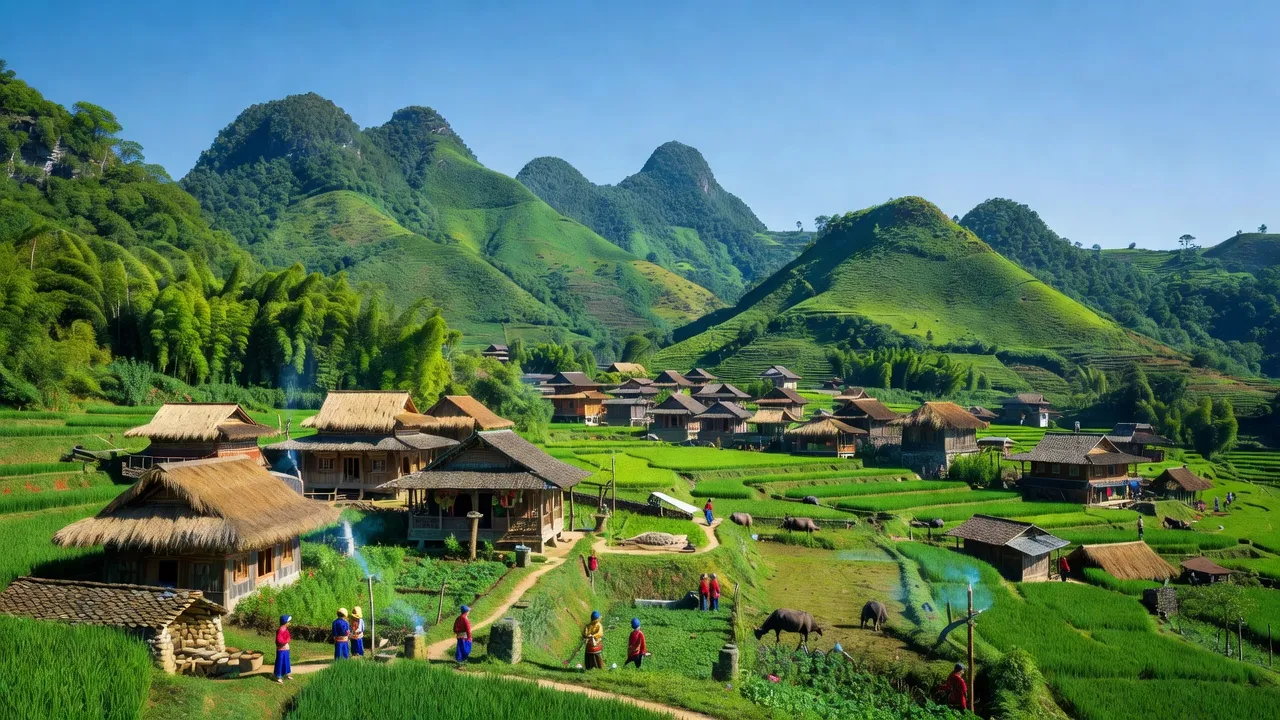 Cảnh sắc xã Tùng Vài, huyện Quản Bạ, tỉnh Hà Giang với núi non xanh tươi và nhà truyền thống.