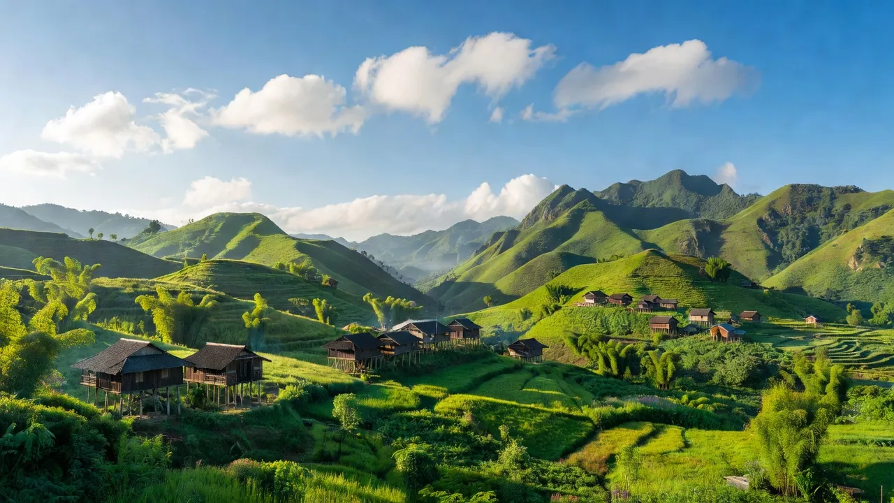 Khung cảnh Xã Nà Khương huyện Quang Bình, Hà Giang với nhà sàn và đồi núi xanh tươi.
