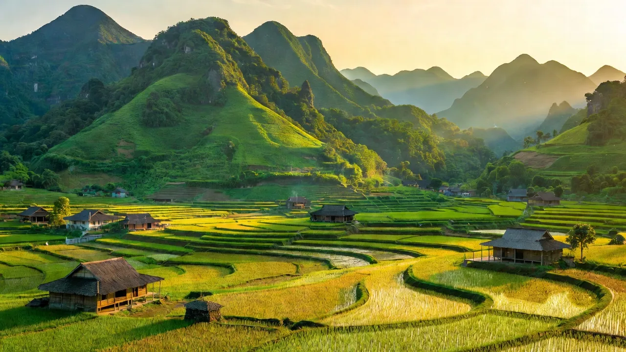Khung cảnh xã Nà Khương, huyện Quang Bình, tỉnh Hà Giang với núi xanh, đồng ruộng và nhà sàn.