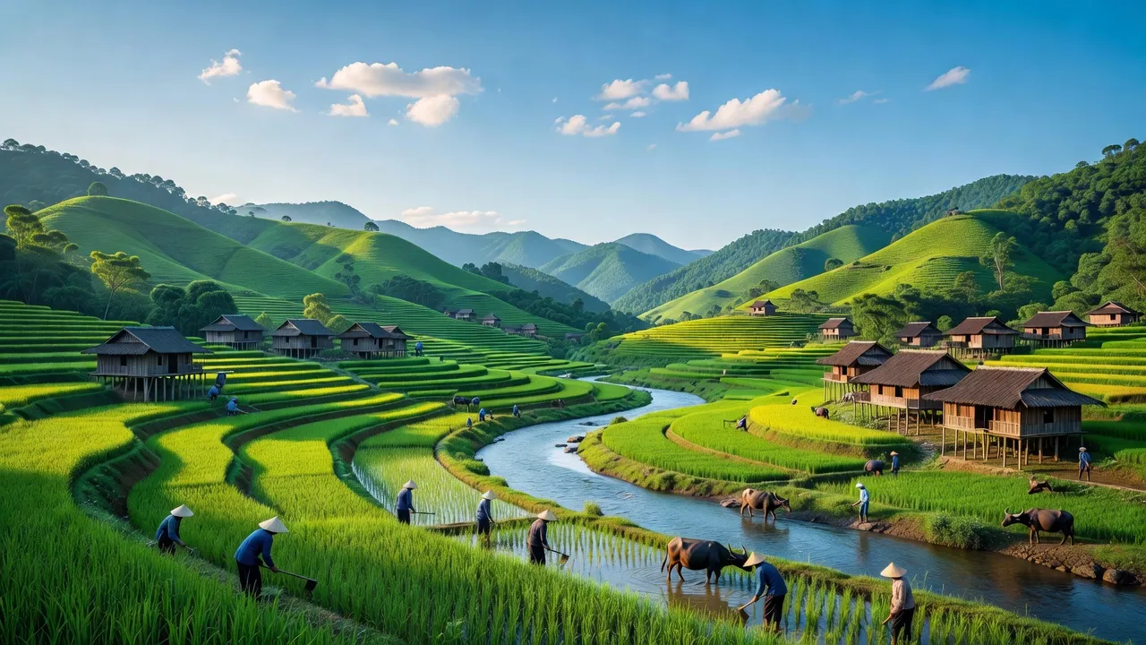 Huyện Vị Xuyên, Hà Giang với đồi núi xanh và ruộng bậc thang, cảm nhận vẻ đẹp thiên nhiên.