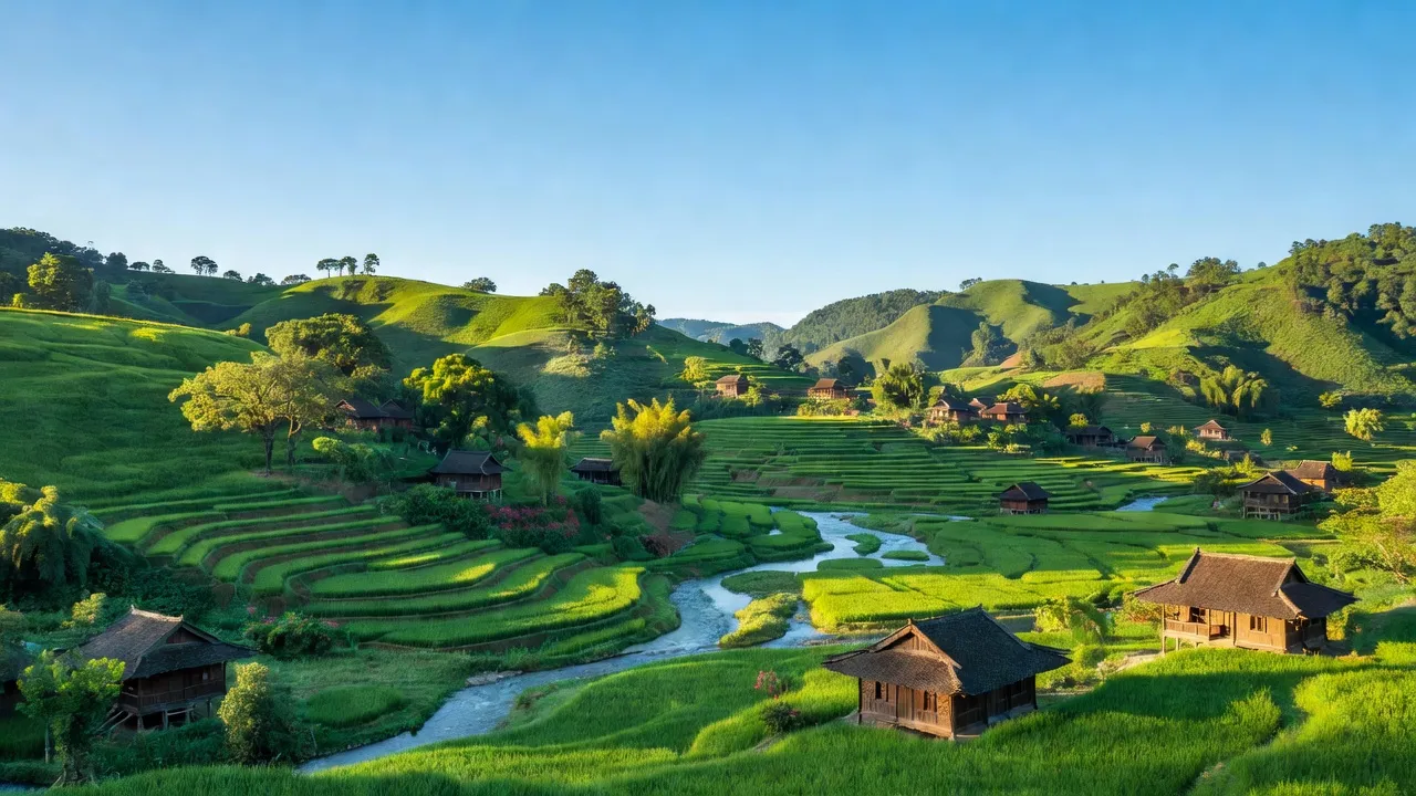 Khung cảnh huyện Vị Xuyên, Hà Giang với đồi núi, thung lũng và dòng sông xanh mát.