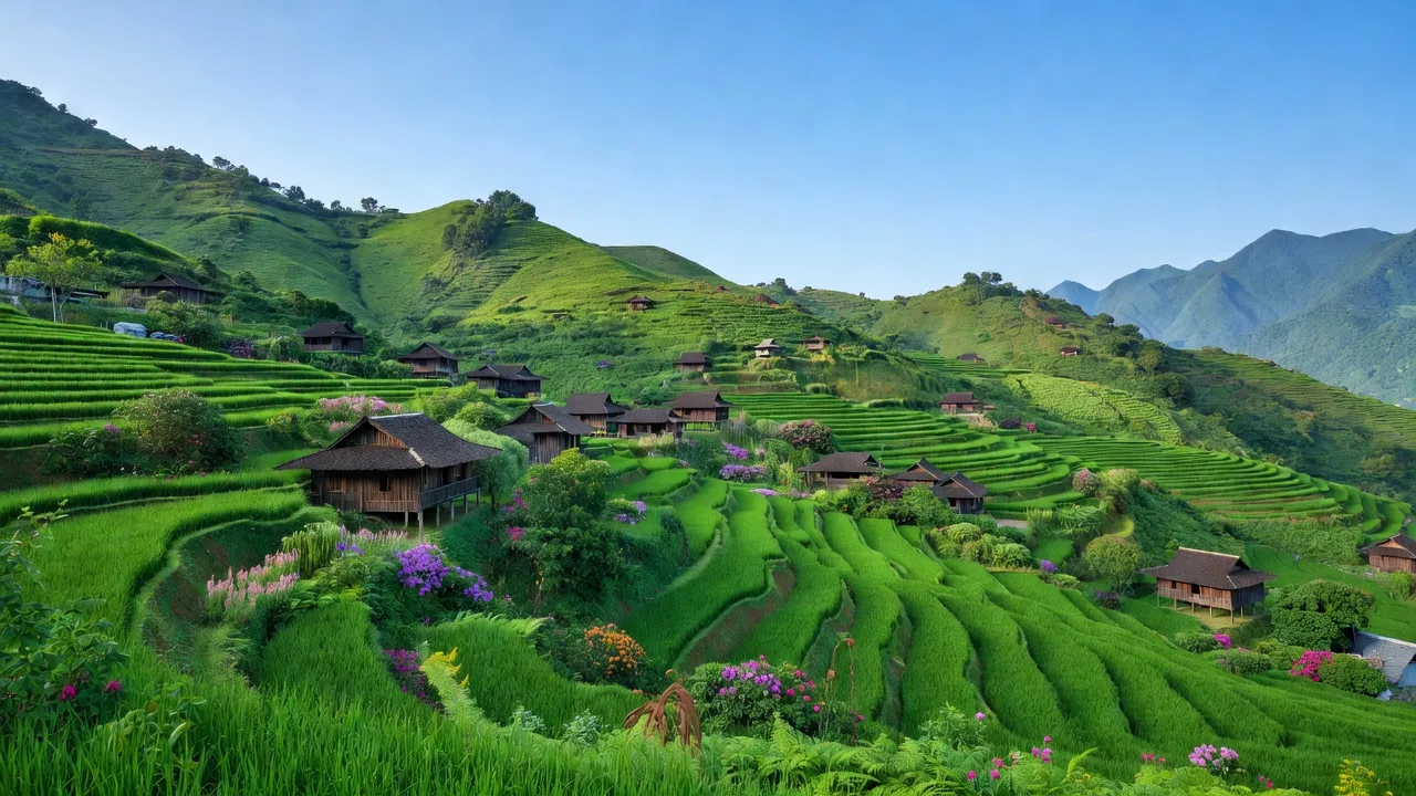 Cảnh quan xanh tươi của xã Cao Bồ, huyện Vị Xuyên, tỉnh Hà Giang với núi đồi và nhà truyền thống.