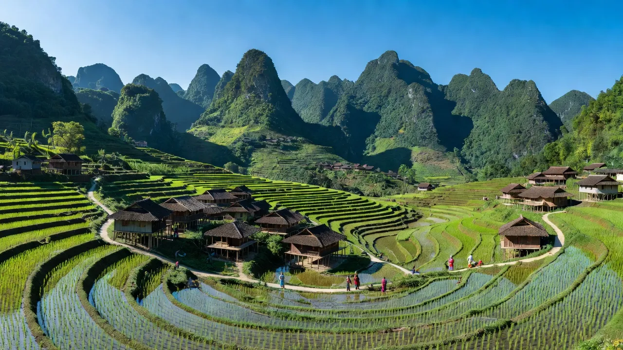 Khung cảnh làng Cao Bồ, huyện Vị Xuyên, Hà Giang với núi đồi xanh tươi và ruộng bậc thang.