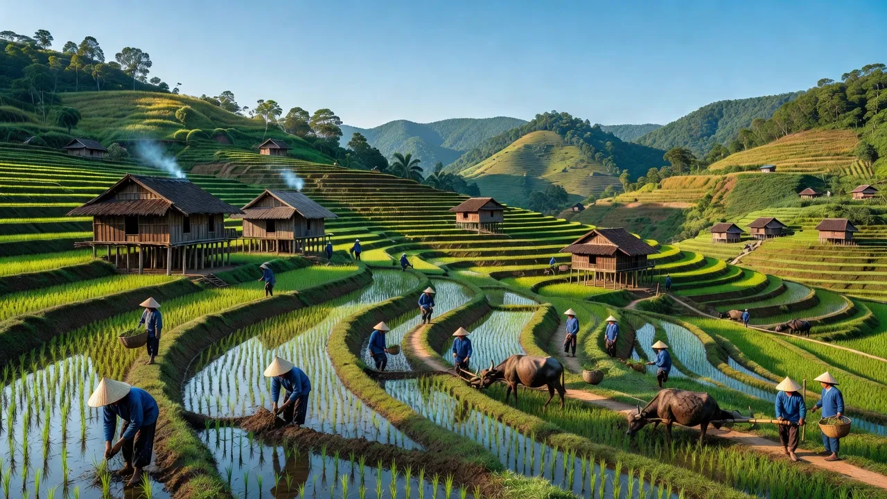 Cảnh đẹp xã Đạo Đức, huyện Vị Xuyên, Hà Giang với cánh đồng và núi non xanh tươi.