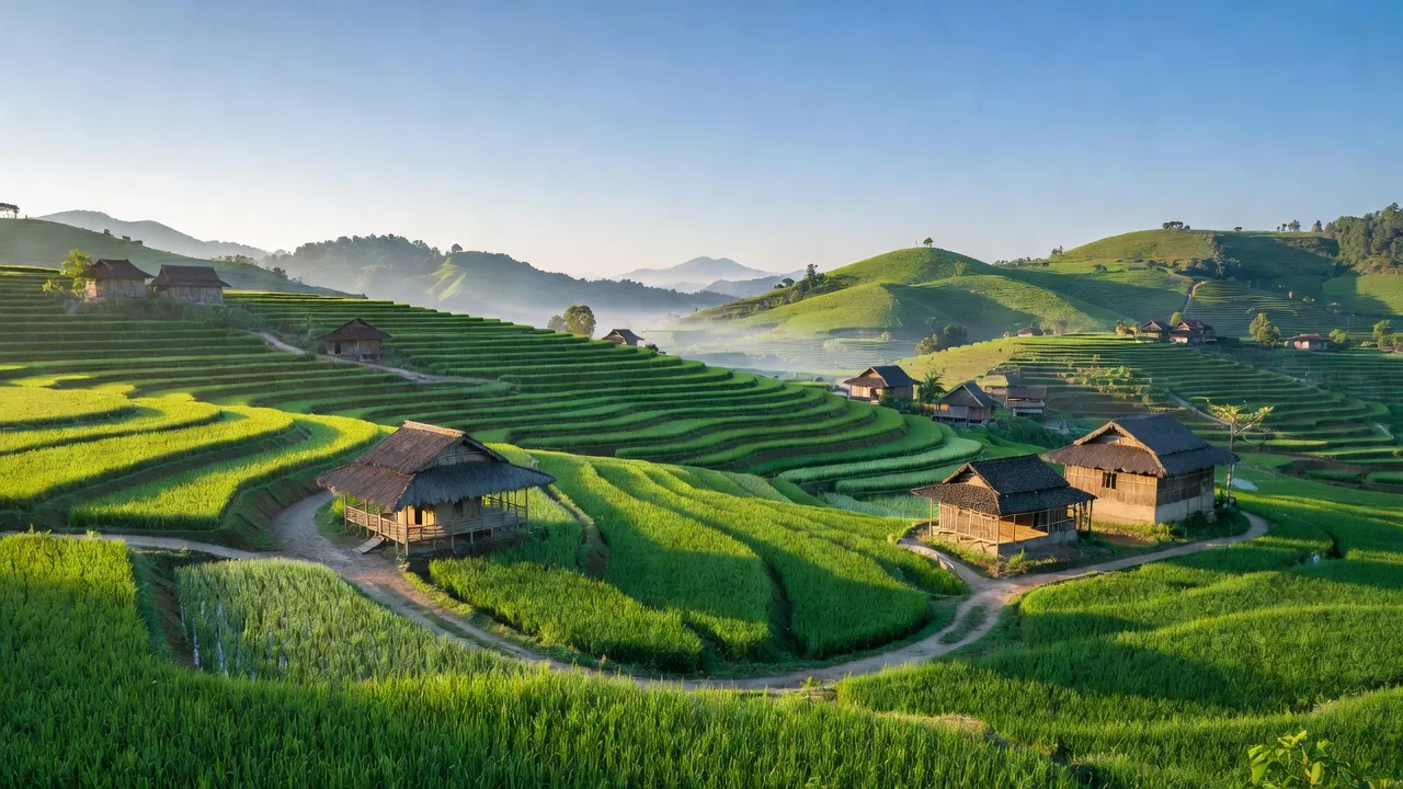 Khung cảnh yên bình của Xã Đạo Đức, Huyện Vị Xuyên, Hà Giang với ruộng bậc thang và đồi núi.