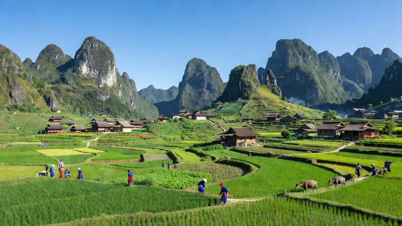 Cảnh quan xã Minh Tân, huyện Vị Xuyên, tỉnh Hà Giang với đồi núi và cuộc sống nông thôn.