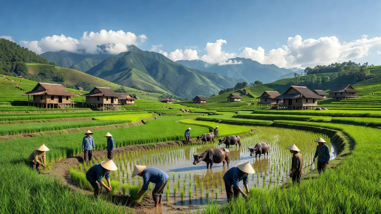 Cảnh quan nông thôn, Thị trấn Nông Trường Việt Lâm, Vị Xuyên, Hà Giang với cánh đồng xanh.