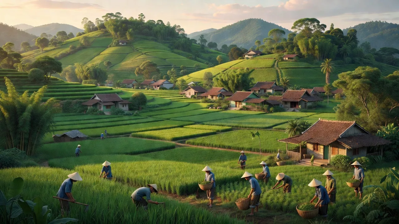 Thị trấn Nông Trường Việt Lâm, huyện Vị Xuyên, tỉnh Hà Giang với cánh đồng và nhà dân.