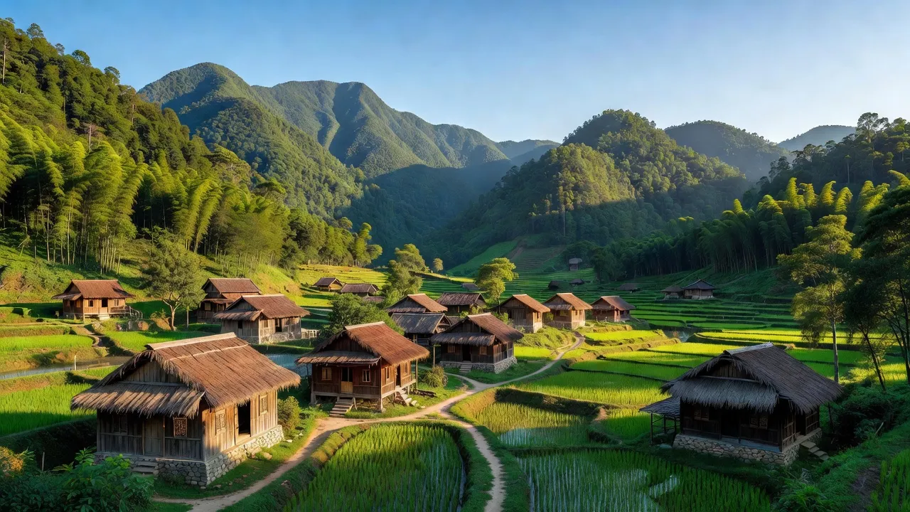 Cảnh quan xã Thanh Thủy, huyện Vị Xuyên, tỉnh Hà Giang với núi xanh và nhà truyền thống.
