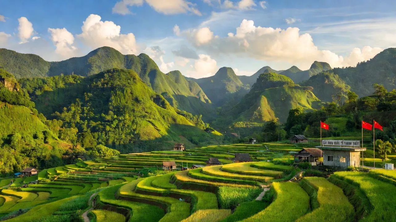 Cảnh sắc xã Thanh Thủy, huyện Vị Xuyên, tỉnh Hà Giang với núi xanh và ruộng đồng.
