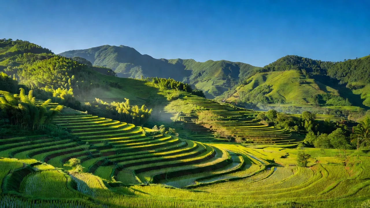 Cảnh đẹp Xã Thuận Hoà, Vị Xuyên, Hà Giang với đồi núi, ruộng bậc thang và bầu trời trong xanh.