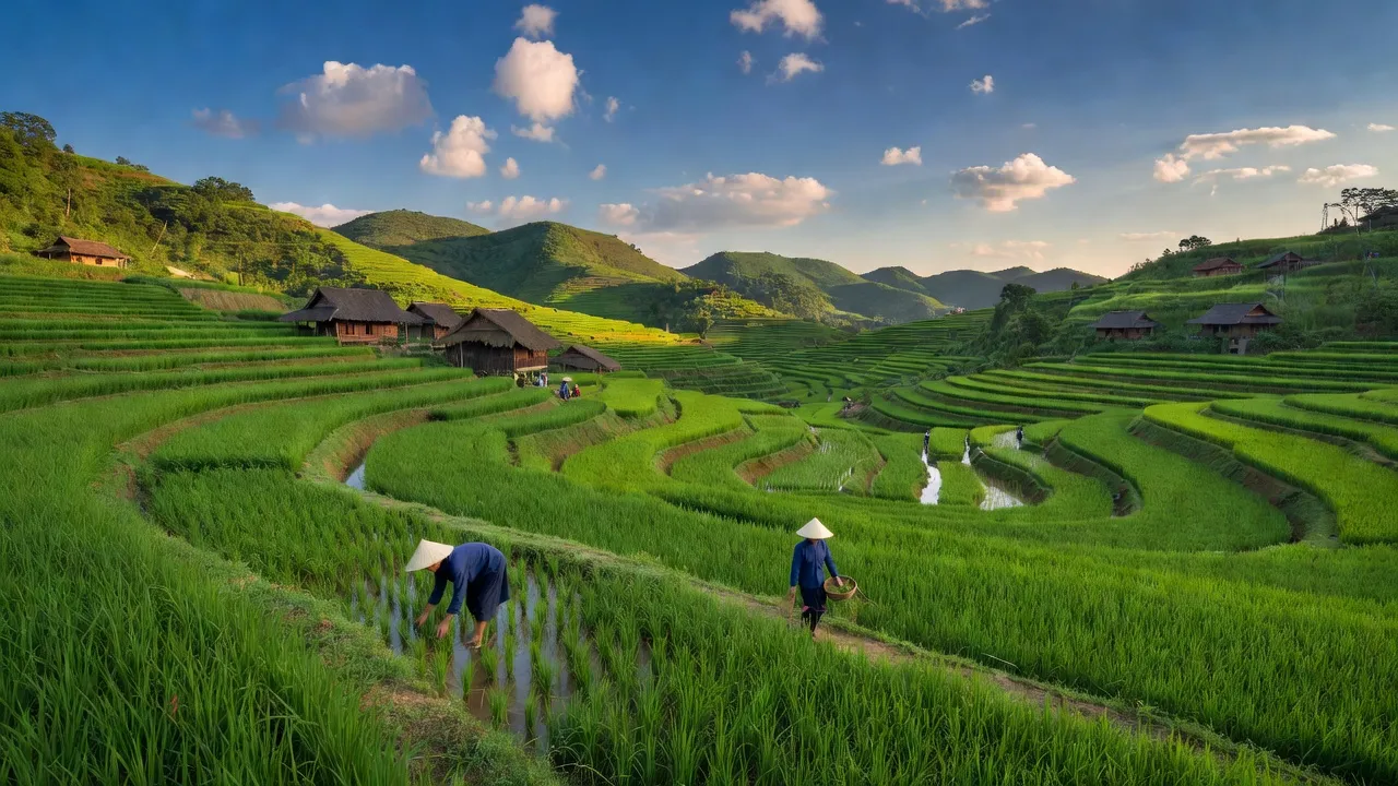 Phong cảnh xã Tùng Bá, huyện Vị Xuyên, Hà Giang với ruộng bậc thang và đồi núi xanh tươi.