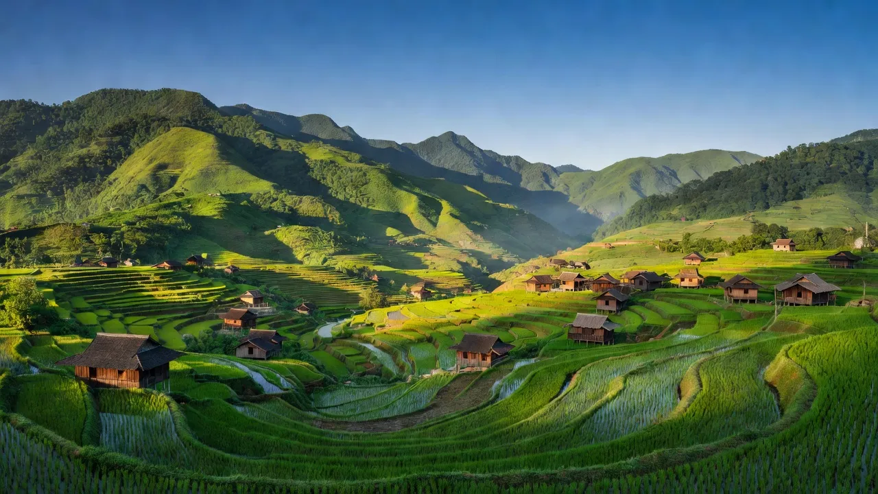 Cảnh quan Xã Xín Chải, Hà Giang với núi xanh, ruộng bậc thang và nhà sàn truyền thống.