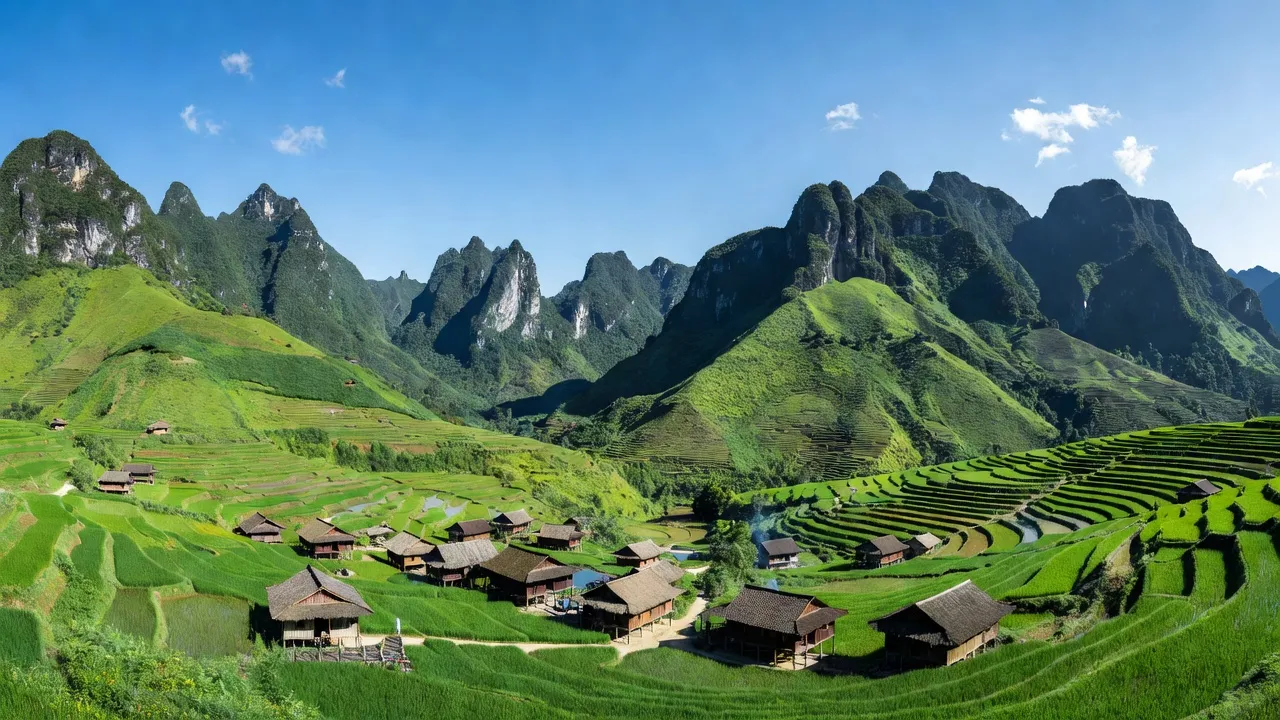 Cảnh sắc Xã Xín Chải, Huyện Vị Xuyên, Tỉnh Hà Giang với đồi núi xanh tươi và làng quê truyền thống.