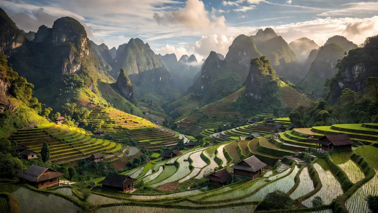 Khung cảnh huyện Xín Mần, tỉnh Hà Giang với núi cao, thung lũng hẹp, và ruộng bậc thang.