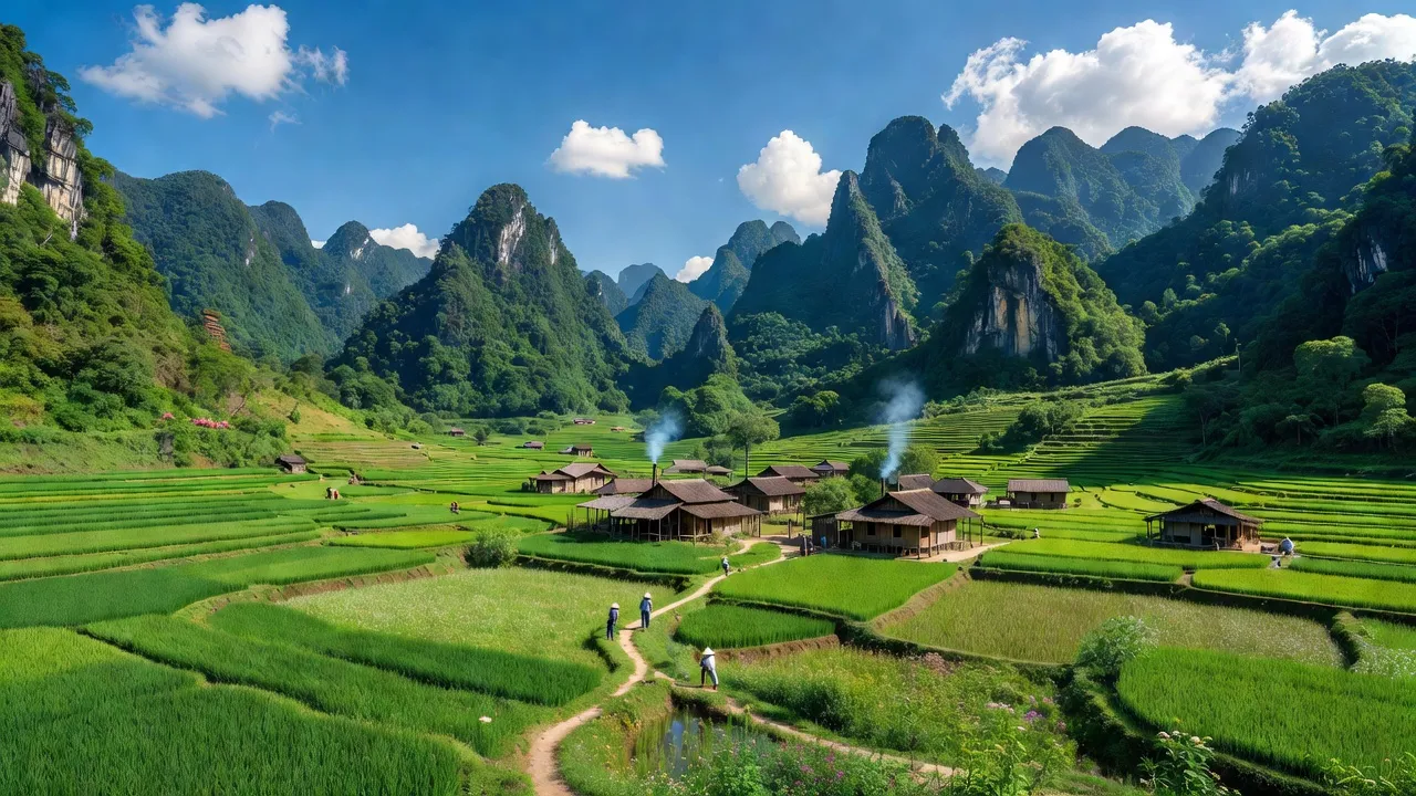 Phong cảnh huyện Xín Mần, Hà Giang với núi non, thung lũng xanh và làng quê thanh bình.
