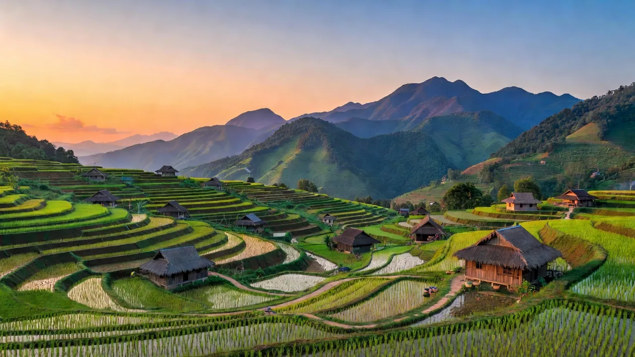 Khung cảnh bình yên của xã Bản Díu ở Hà Giang với ruộng bậc thang và núi non.