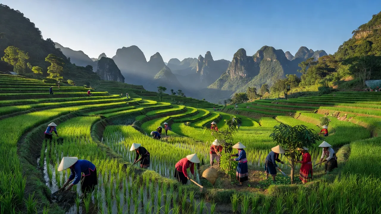 Khung cảnh nông nghiệp tại xã Chế Là, huyện Xín Mần, tỉnh Hà Giang với núi non và cánh đồng xanh.