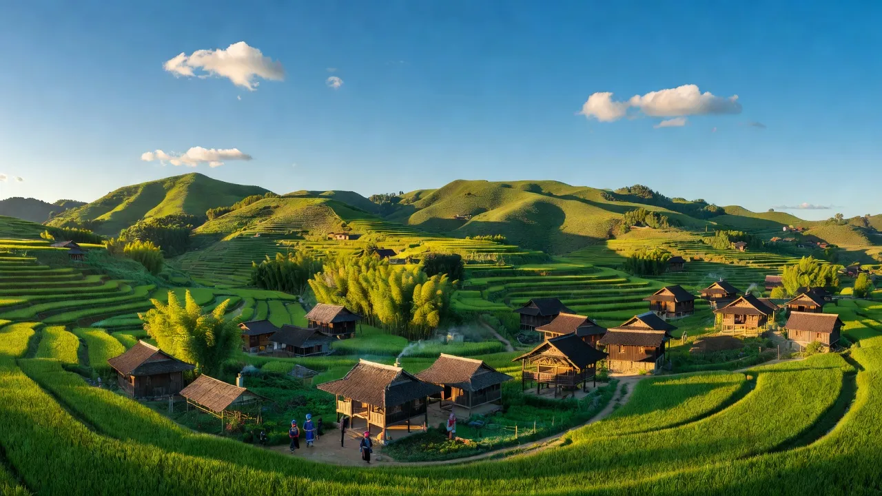 Thị trấn Cốc Pài, huyện Xín Mần, tỉnh Hà Giang với cảnh quan thiên nhiên tươi đẹp, nhà sàn và đồi núi.