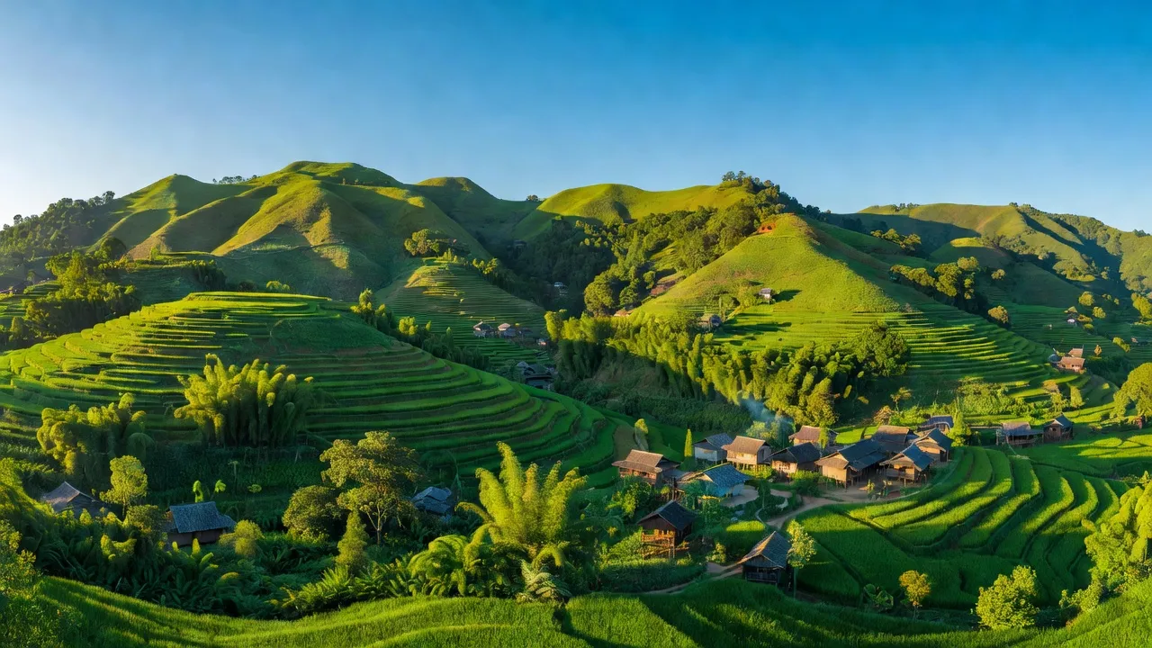 Phong cảnh xã Cốc Rế, huyện Xín Mần, tỉnh Hà Giang với đồi núi xanh tươi và thôn bản đặc trưng.