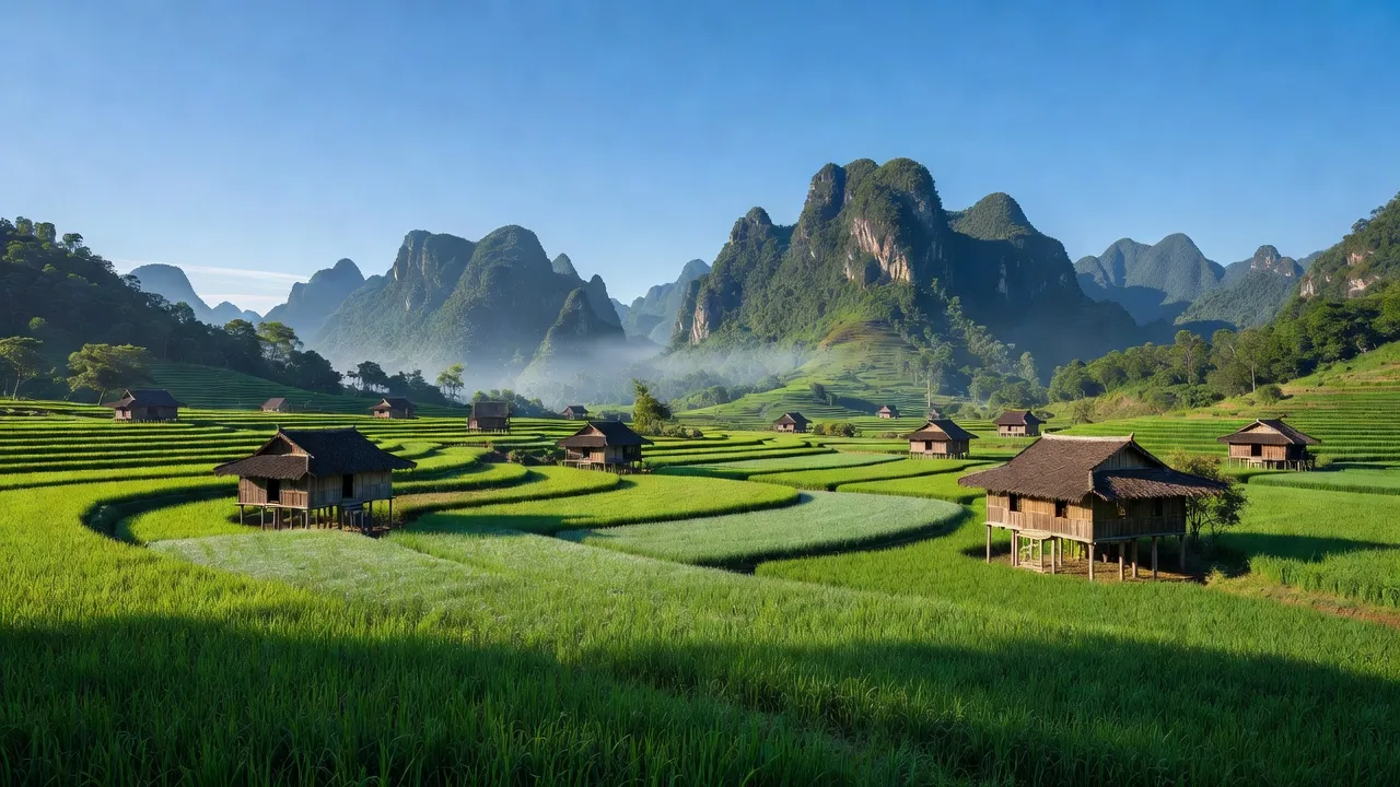 Khung cảnh xã Khuôn Lùng, huyện Xín Mần, Hà Giang với núi non, cánh đồng và nhà sàn người Tày.