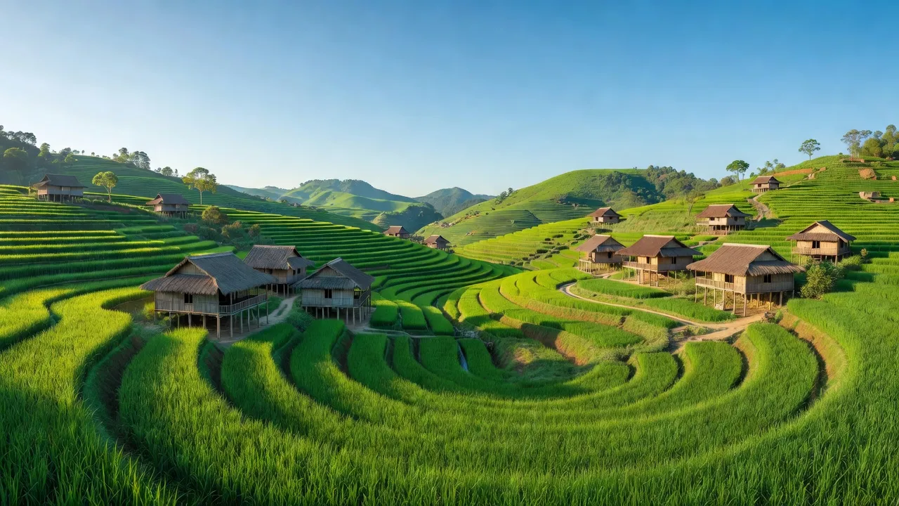 Khung cảnh Xã Khuôn Lùng, huyện Xín Mần, tỉnh Hà Giang với đồng ruộng xanh tươi và nhà của người Tày.