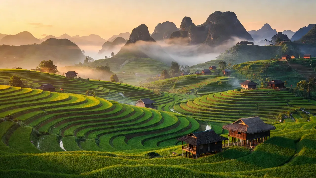 Cảnh đẹp xã Nà Chì huyện Xín Mần, Hà Giang với núi non, ruộng bậc thang và nhà sàn.