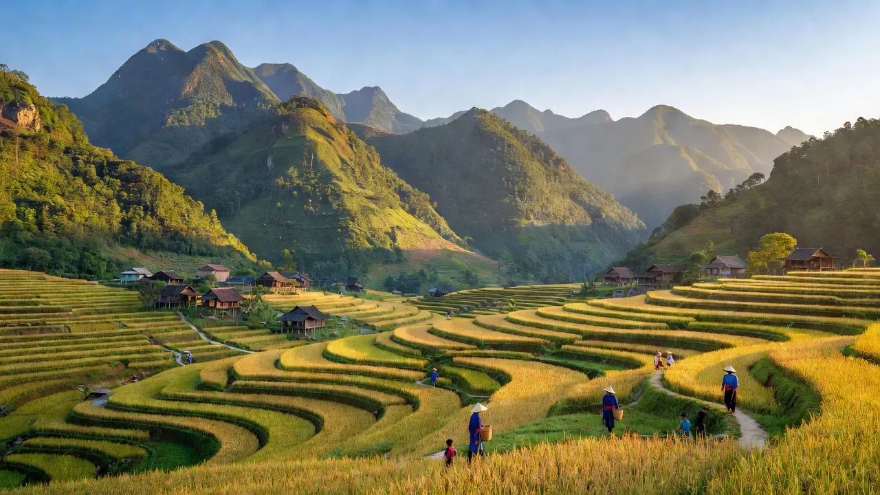 Cảnh quan xã Thu Tà, huyện Xín Mần, Hà Giang với núi non, ruộng bậc thang và không khí yên bình.