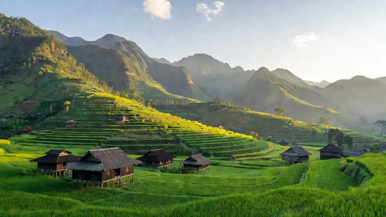Phong cảnh Xã Xín Mần, Hà Giang với núi non và nhà truyền thống, thời tiết đẹp.