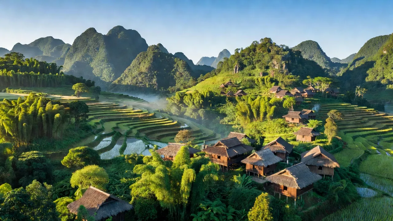 Cảnh quan Yên Minh, Hà Giang với núi non hùng vĩ và nhà sàn cổ truyền, khí hậu mát mẻ.