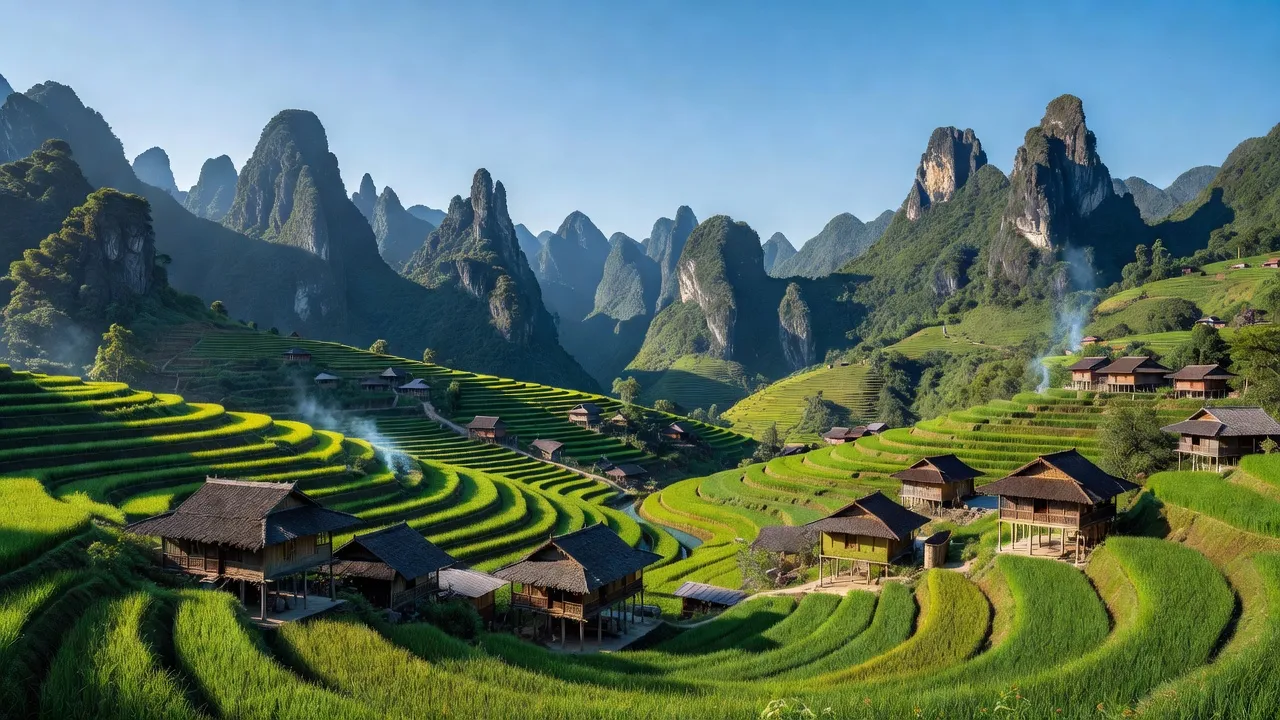 Khung cảnh huyện Yên Minh, Hà Giang với núi non hùng vĩ và ruộng bậc thang xanh tươi.