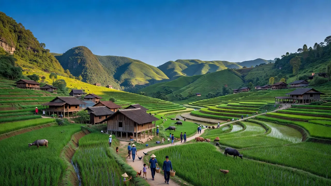 Khung cảnh làng Du Tiến, huyện Yên Minh với ruộng bậc thang và núi xanh, Hà Giang.