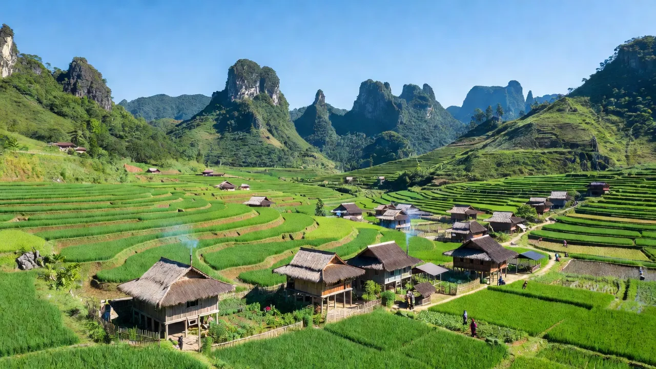 Khung cảnh Xã Du Tiến, Huyện Yên Minh, Tỉnh Hà Giang với núi non và ruộng xanh.