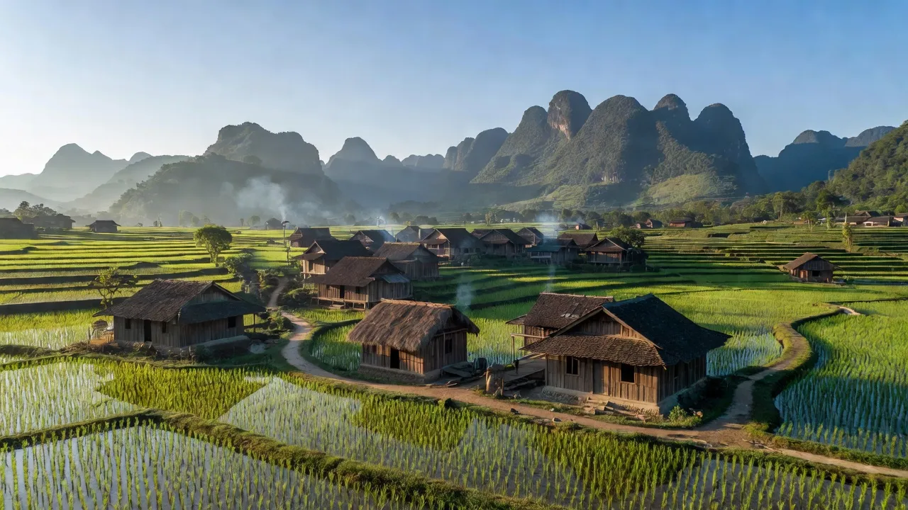 Cảnh đẹp xã Hữu Vinh, huyện Yên Minh, Hà Giang với đồng lúa xanh và nhà gỗ truyền thống.