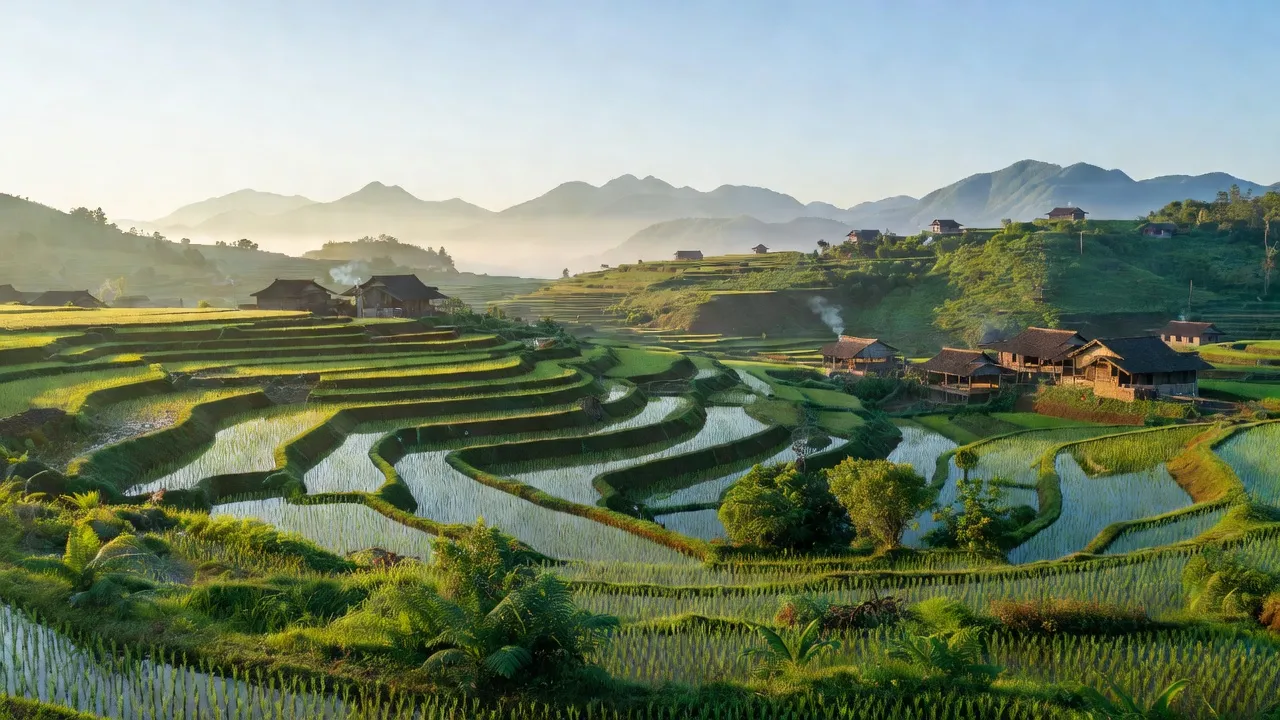 Phong cảnh xanh tươi của Xã Lao Và Chải, Yên Minh, Hà Giang với đồi núi và nhà nông thôn.