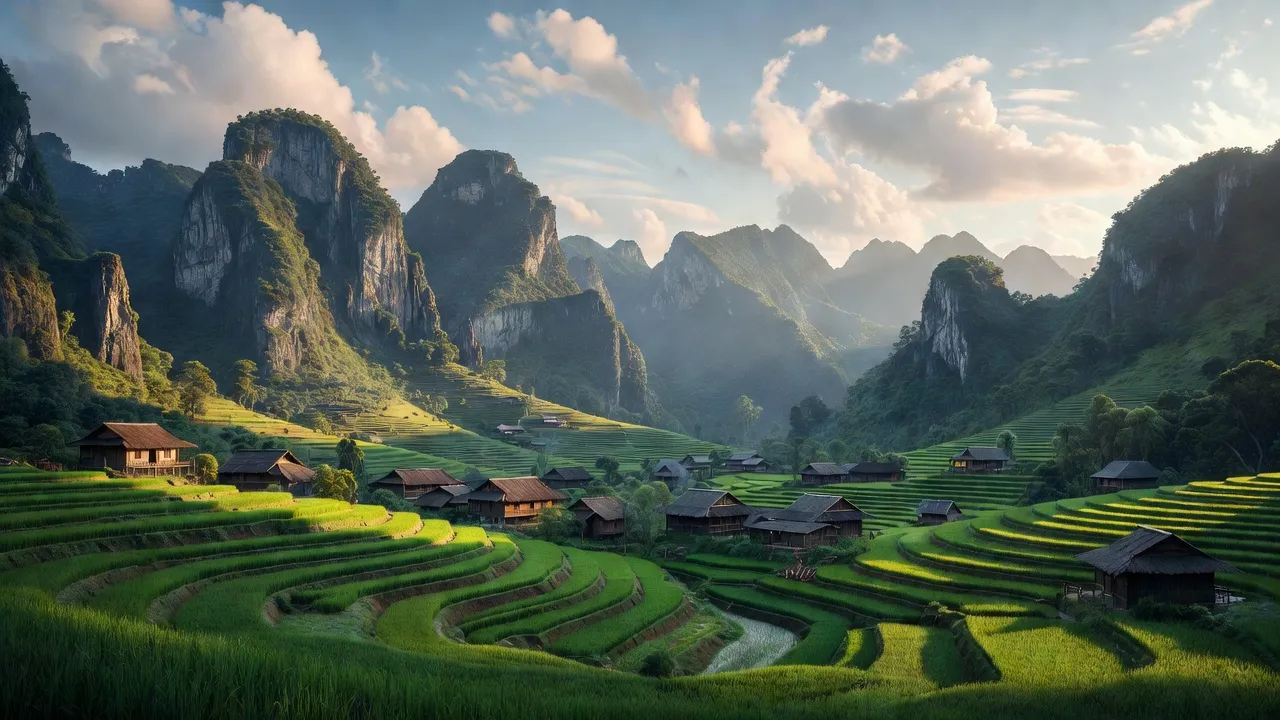 Khung cảnh tuyệt đẹp ở xã Mậu Duệ, huyện Yên Minh, tỉnh Hà Giang, với núi đá vôi và nhà dân.