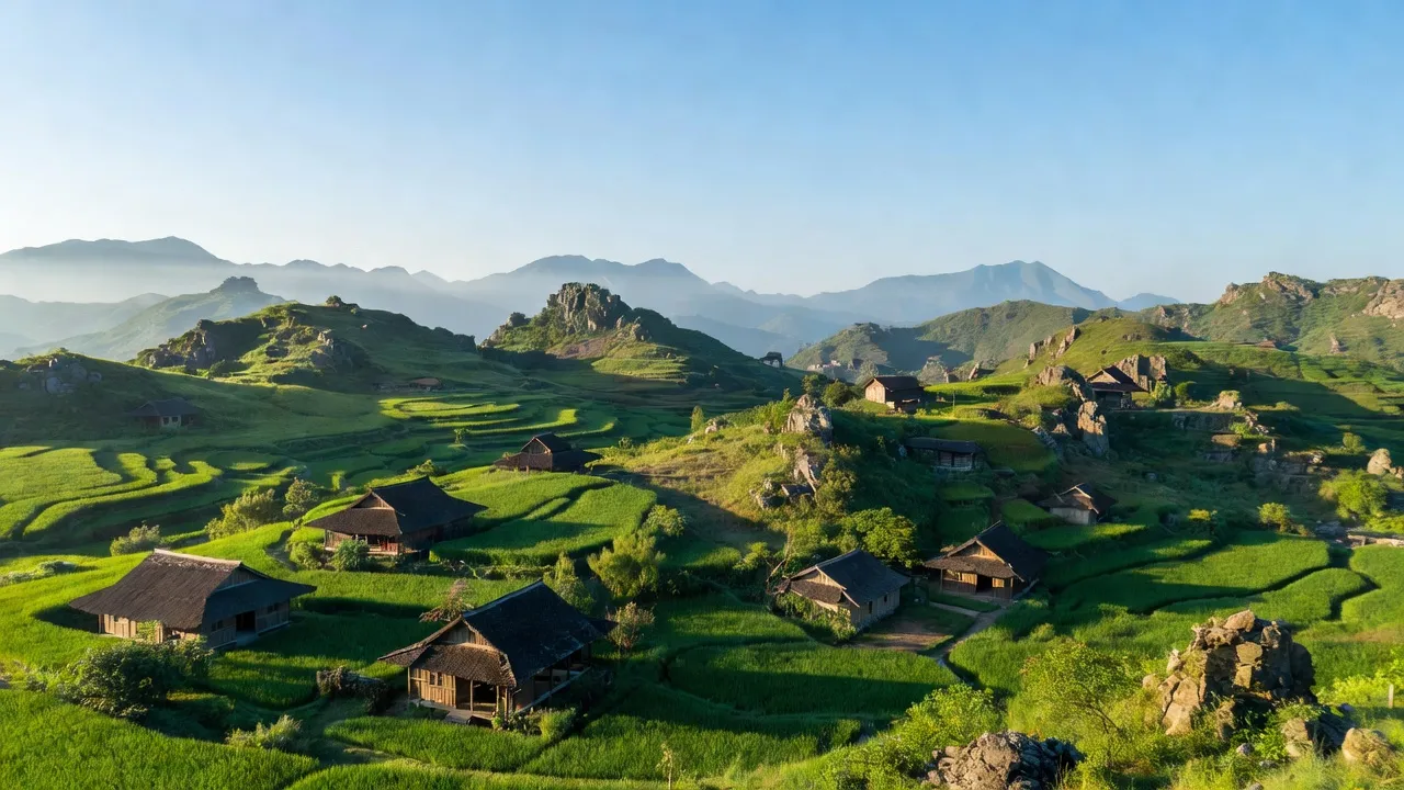 Khung cảnh tươi đẹp xã Mậu Long, huyện Yên Minh, tỉnh Hà Giang với đồi núi xanh tươi.